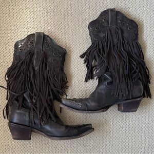 Fringed Black Leather Western Boots High Quality Leather
